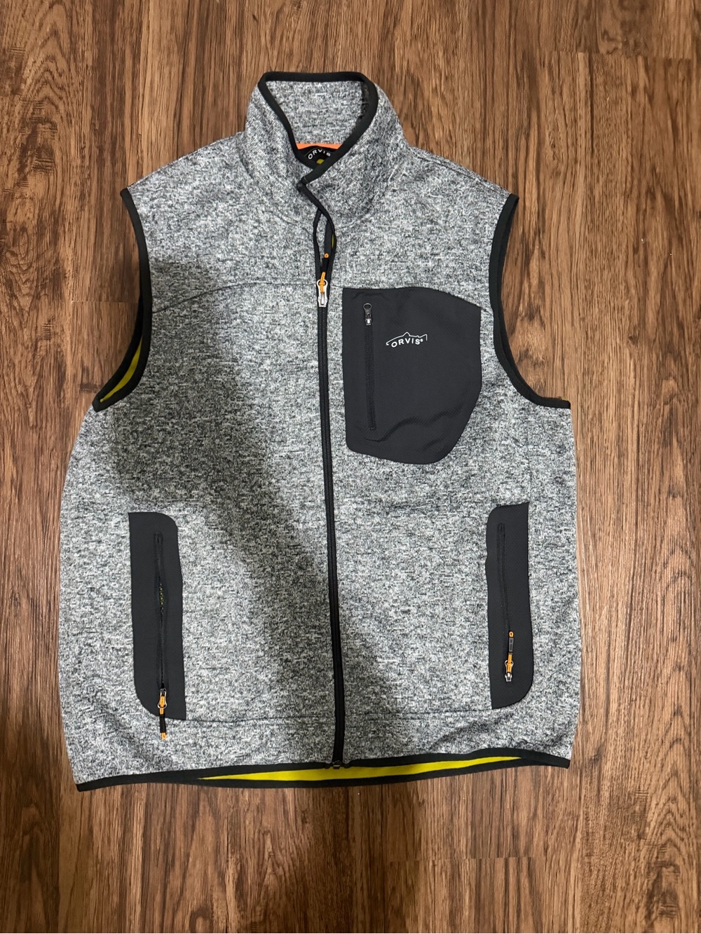 Orvis Gray Marled Knit Vest with Black Trim and Yellow Accents